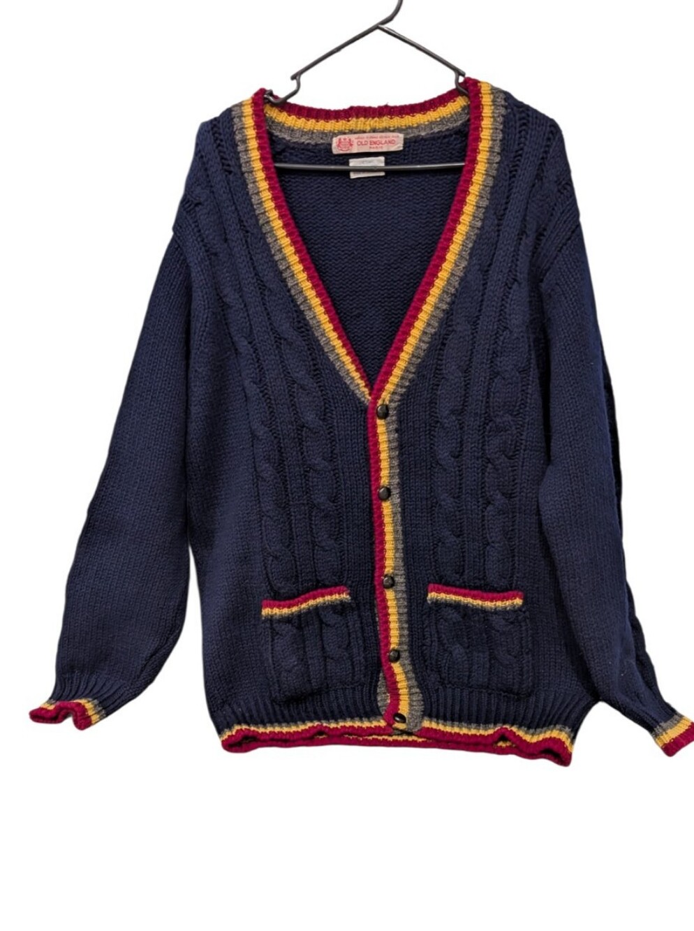 Vintage Old England Paris Shetland Wool Cardigan Sweater Navy Blue Scotland mens